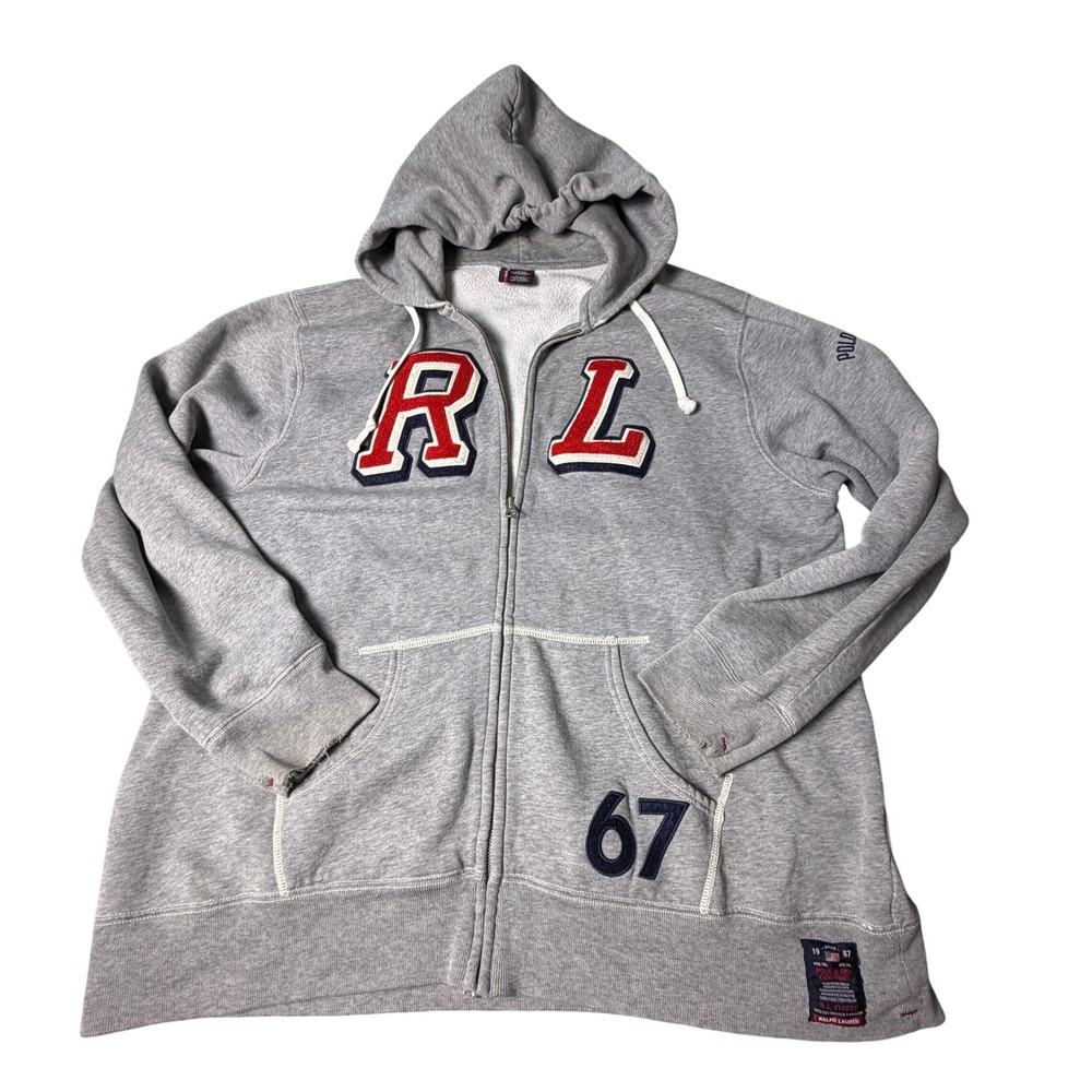 Polo Jeans Co Ralph Lauren Hoodie Mens XXL Gray Zip Up Varsity Patch Distressed